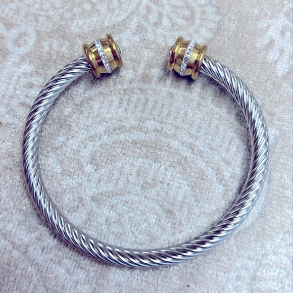 Gold & Silver Two-Tone Twisted Cable Cuff Bangle Bracelet Crystal Rhinestone - Picture 11 of 12